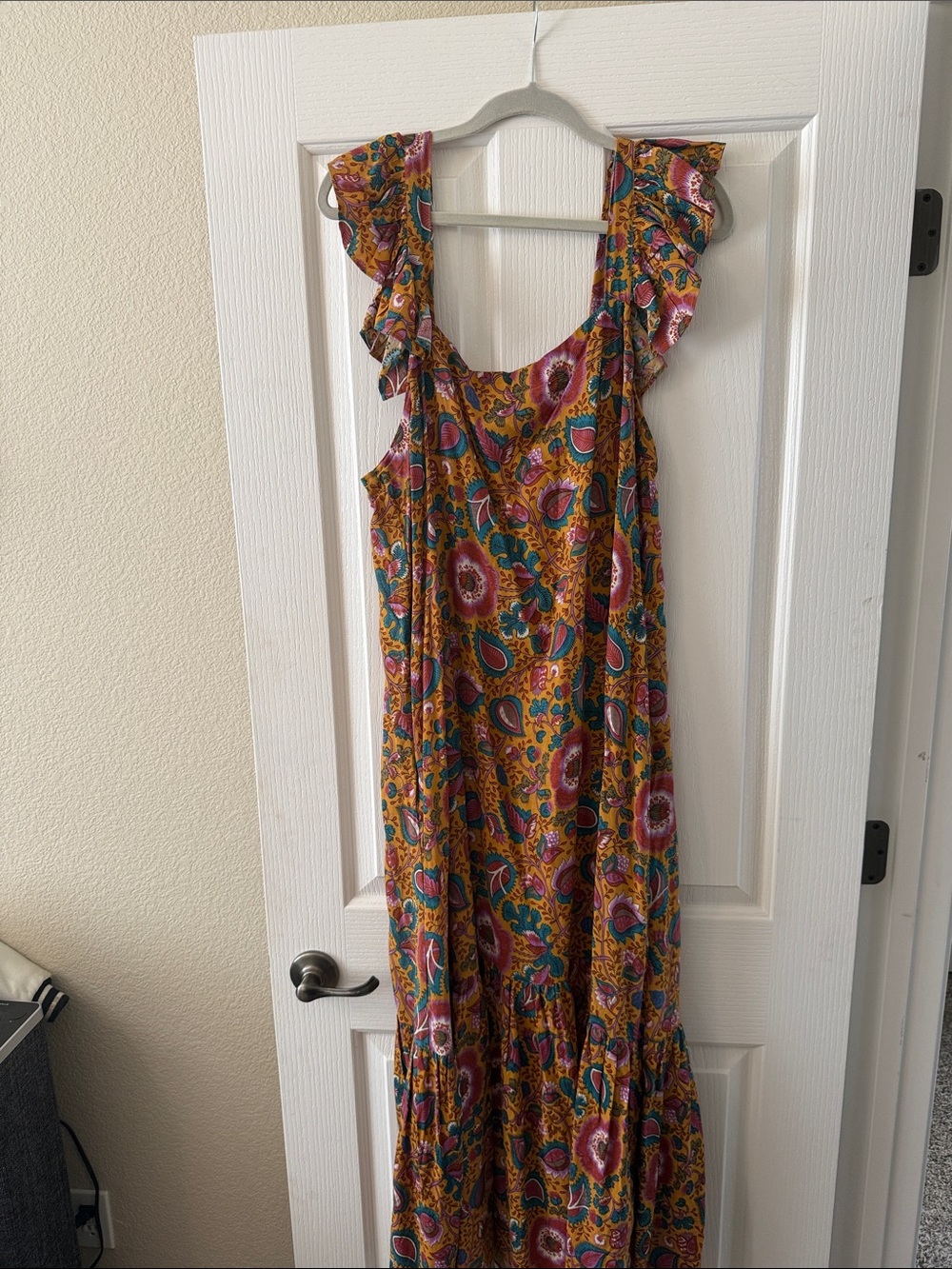 Women’s Mustard Floral Maxi Dress with Ruffle Straps